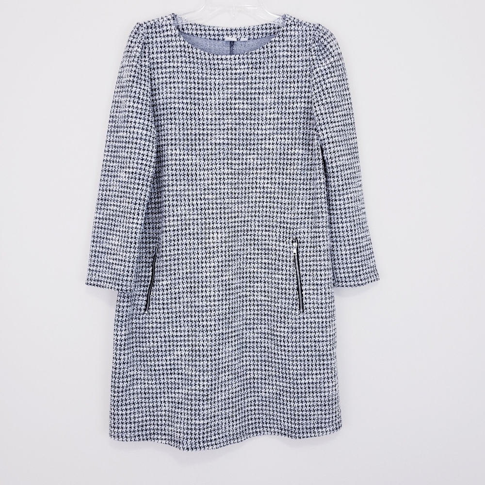 GAP Houndstooth Tweed Shift Dress Size Medium Black White Long Sleeve Winter